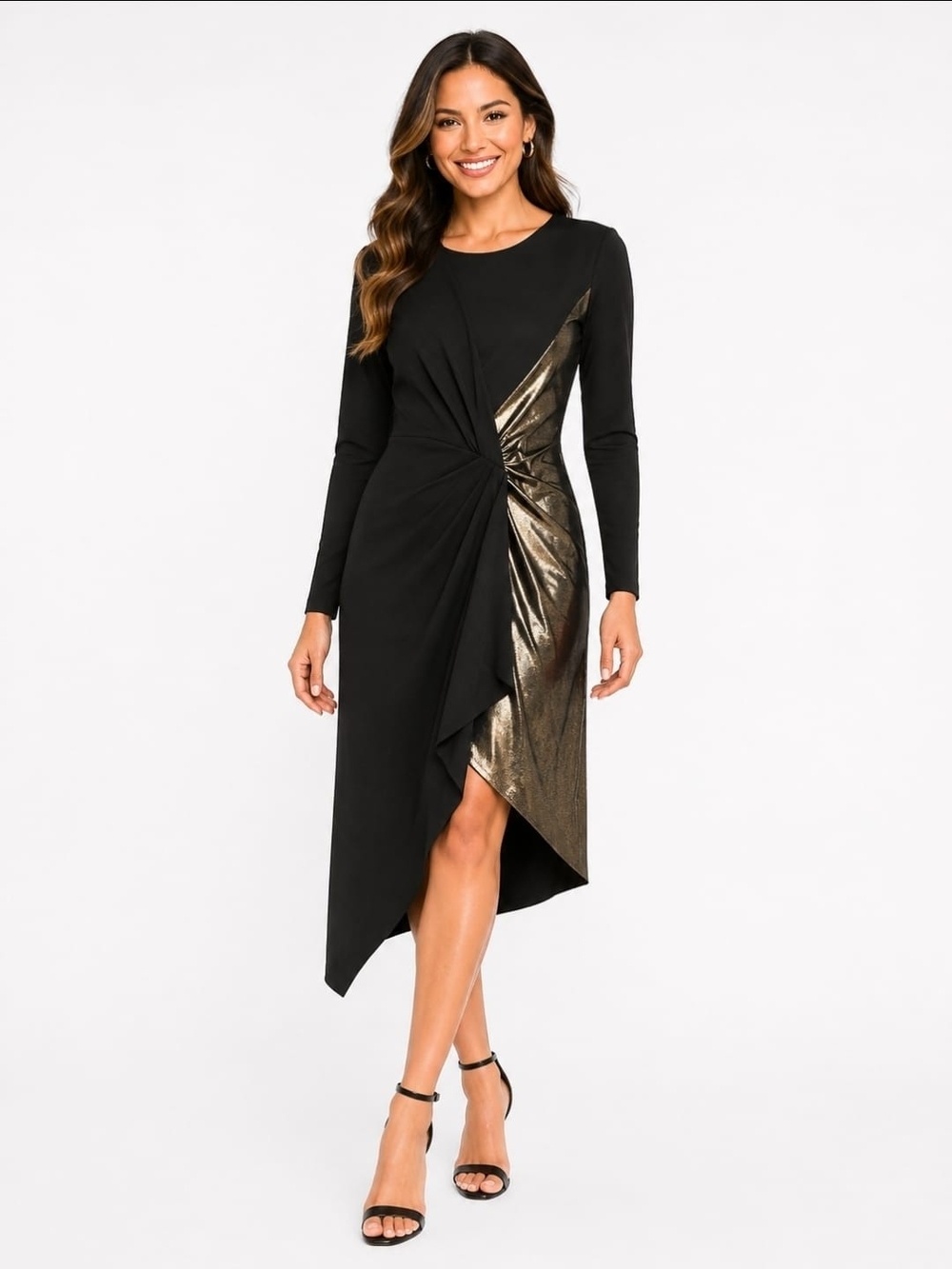 Zara Black Dress with Gold Metallic Panel — Asymmetrical Knot Front